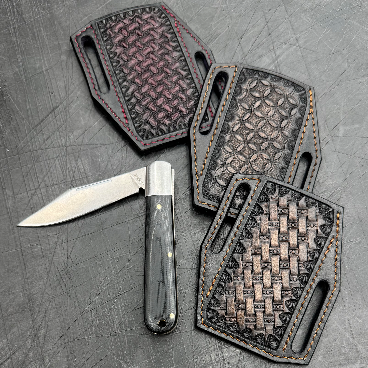 Pancake Pocket Knife Sheath - Hand Stamped & Airbrushed